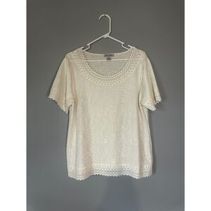 Belle Amie Women's Cream Short Sleeve Blouse with Eyelet Lace Trim – Size XL
